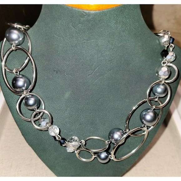 Smokey Pearl AB Crystals Silver tone Oval Link Long Layered Necklace LIA SOPHIA - Picture 7 of 8